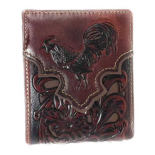Western Men's Leather Rooster Floral Tooled Laser Cut Lone Star Short Wallet in 9 colors (Coffee/Coffee) - Main Image