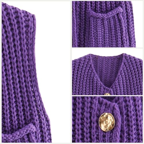 Image of Women's Sleeveless Chunky Knit Cardigan V-Neck Button Down Vest Casual Loose-Fitted Crochet Sweater with Pockets 2024
