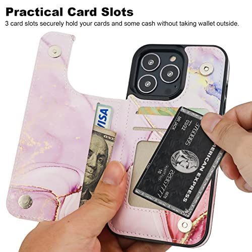 Image of HAOPINSH for iPhone 13 Pro Case Wallet with Card Holder, Pink Marble Pattern Back Flip Folio PU Leather Kickstand Card Slots Case for Women Girls, Double Magnetic Clasp Shockproof Cover 6.1 inch