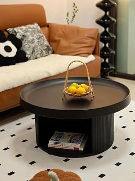 Circle Coffee Table, Carbon Steel Coffee Table End Table with Storage, Side End Table for Living Room, Coffee Table for Living Room Home Office, Easy Assembly ColorBlack