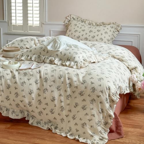 Image of BuLuTu Vintage Floral Duvet Cover Twin for Girls, Shabby Chic Quilt Cover Ruffled Kids Bedding, 100% Cotton Muslin, Soft Breathable, 68 inchx86 inch, Zipper Closure, No Pillowcase