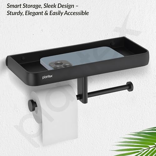 Image of Plantex Self Adhesive Aluminium Dual Toilet Paper Holder for Bathroom /Tissue Paper Roll Holder with Mobile Stand /Toilet Paper Roll Holder /Bathroom Accessories - (Black)