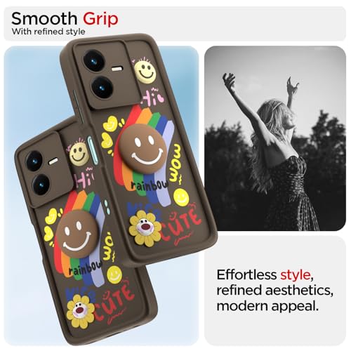 Image of Pikkme Back Cover for Vivo Y22 | Soft Silicone| Cute Rainbow Smile & 3D Cartoon Flower Design | Shockproof Raised Camera Protection Bumper Case (Brown)