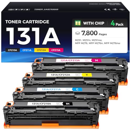 131X 131A Toner Cartridge 4-Pack Black Cyan Yellow Magenta High Yield Replacement for HP 131X CF210X CF211A CF212A CF213A Compatible for HP LaserJet Pro 200 color MFP M276nw M276n M251nw M251n Printer