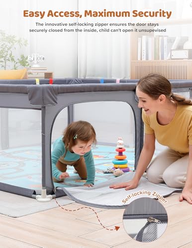Image of Dripex Baby Playpen with Mat, 71 inchx59 inch Large Play Pen for Babies, Grey | Included Waterproof Mat /Portable Bag /Pull up Rings, Breathable Visible Mesh, Easy Setup, Indoor /Outdoor Use