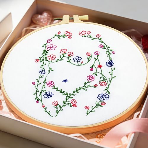 Image of Woman Flowers Embroidery Kits for Beginners Adults, Floral Hand Embroidery Starters Kits, Stamped Cross Stitch Kits DIY Needlepoint Kits for Beginners Adult, Embroidery Hoop, Thread and Video Tutorial