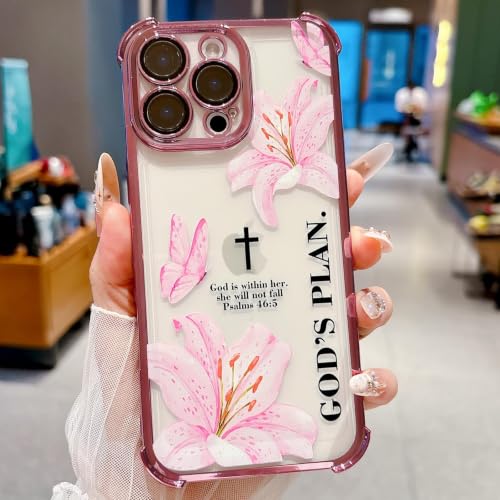 Coque iPhone 14 Pro Max antichoc chrétienne avec croix de lys rose en TPU transparent