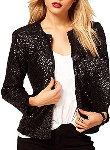 PROMLINK Women Short Sequin Blazer Jacket Sparkly Bomber Coat,Black
