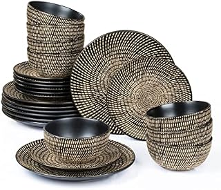 24 Piece Black & Cream Tribal Print Dinnerware Set  8X 26cm Dinner Plates, 8X 20cm Side Plates & 8X 16cm Deep Bowls - Dishwasher & Microwave Safe Unique & Stylish Stoneware Dining Set for 8 People