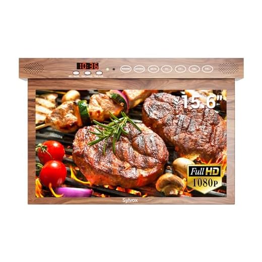 SYLVOX 15.6 inch Smart TV for Kitchen, 1080P Under Cabinet TV, 12V Smart Android Rotated & Folded, Support Google Assistant WiFi Bluetooth, Small Television for Kitchen, Bedroom, RV Camper, Mahogany