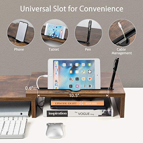 LORYERGO Dual Monitor Riser Stand - 3 Shelf Screen Laptop Stand with Storage Slots for Phone (Vintage)