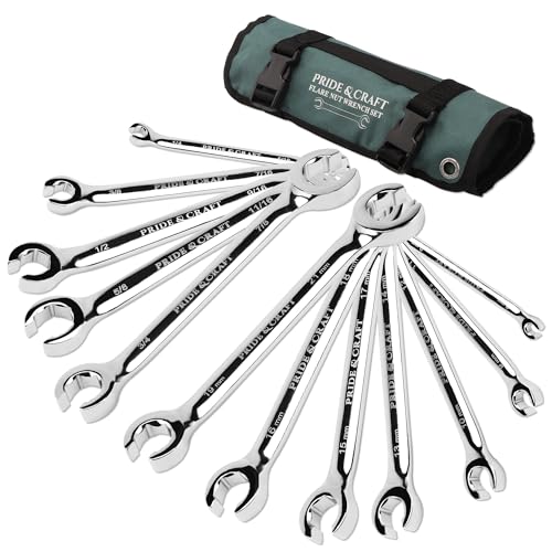 PRIDE&CRAFT 12-Piece Flare Nut Wrench Set, Metric & SAE,6-21mm & 1/4' to 7/8', CR-V Steel, 15°Offset Design, Brake Line Wrench Set with Organizer Pouch