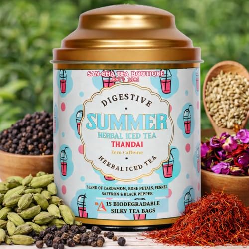 Image of Sancha Tea Boutique, Thandai Iced Tea, 15 Pyramid Bags, Summer Cooling Drink, Caffeine-Free Herbal Tisane with Real Saffron, Sugar-Free, Not Instant