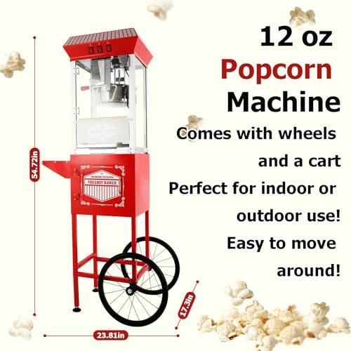 Image of Commercial Popcorn Machine with Cart - 12-Ounce Kettle Popcorn Makers with Heating, 3-Switch Control,Large Capacity for Home Party, Movie Theath, Office, Schools, Carnival, Christmas, Red