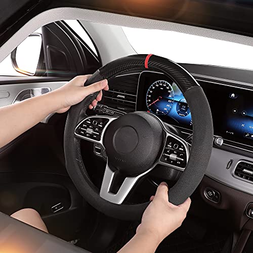 Gohi Yanda Car Carbon Fiber Suede Steering Wheel Cover Auto Anti-Slip Leather Automotive Interior Accessories Decorate 15 Inch Universal #TOP2