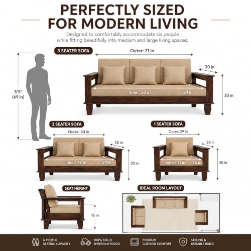 Image of Furniture Solid Sheesham 6 Seater Wooden Sofa for Living Room with Cushion|Solid Wood Six Seater 6-Person Sofa Set /Couch 3+2+1 for Bedroom,Home,Office & Lounge|Brown Finish