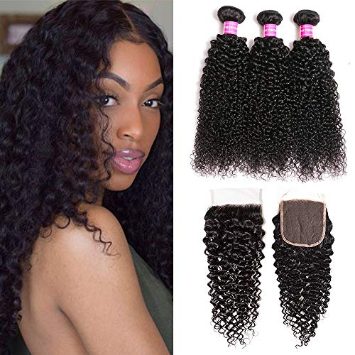 JOSUA hair Brazilian Kinky Curly Bundles with Closure (14 16 18+12) 4x4 9A 100% Unprocessed Human hair 3 Bundles with Lace Closure Free Part Natural Color