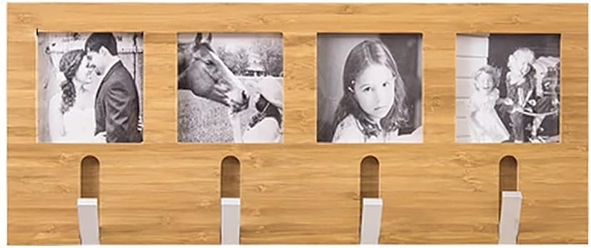 Wall Mounted Photo Frame Decor with 4 Metal Hooks, Rustic Wall Key Holders for Home Decorative, Perfect for Entryway,Bathroom, Hallway Wooden Home Collage Hooks