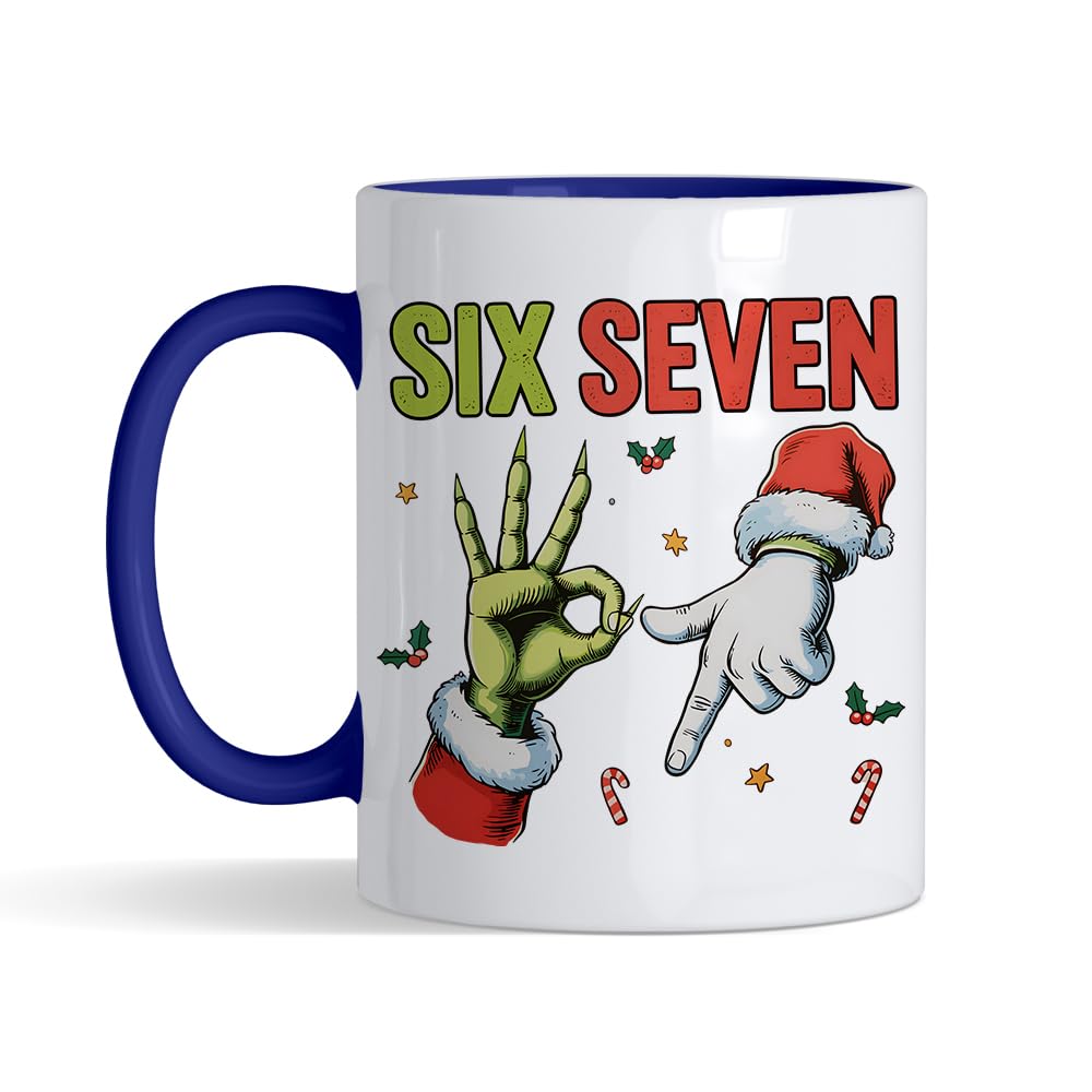 Getagift 67 Meme, Six Seven Hand Sign Meme, Funny Christmas Humour Gift, 11 oz Inside Coloured Ceramic Coffee Mug. (Navy Blue)