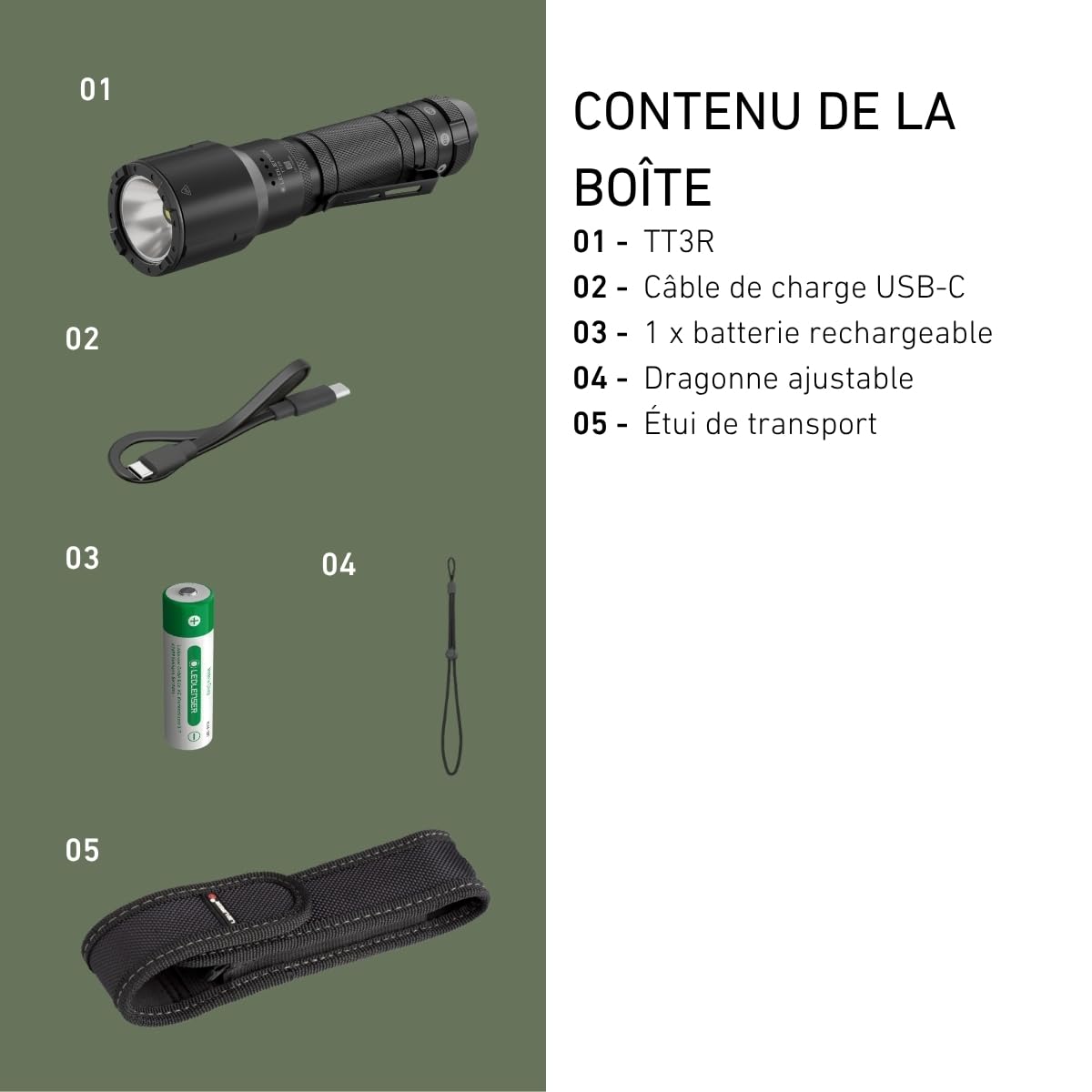 Ledlenser TT3R Lampe tactique rechargeable, 1900lm, Lumière Rouge, Bleue | Portée réglable 300 m, jusqu'à 50 h d'autonomie, mode Strobe, USB-C, IP68, pochette incluse, idéale pour la sécurité