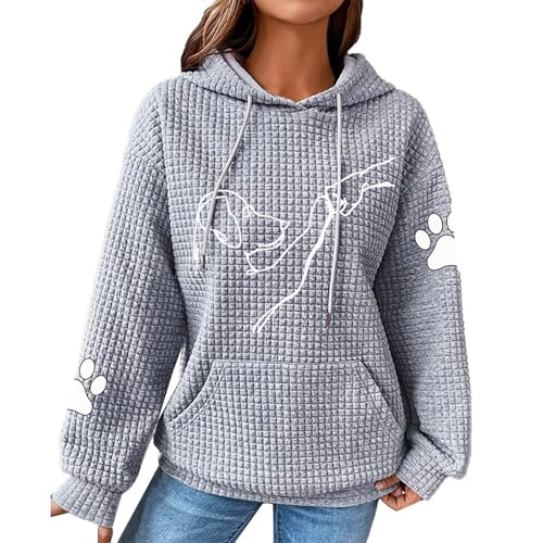 Generisch Hoody Damen Sweatshirts Drawstring Baggy Pullover Langarm Mit Hundemotiv Oversize Mantel Herbst Kapuzenhoodie Tasche Gym 01-Grau XL