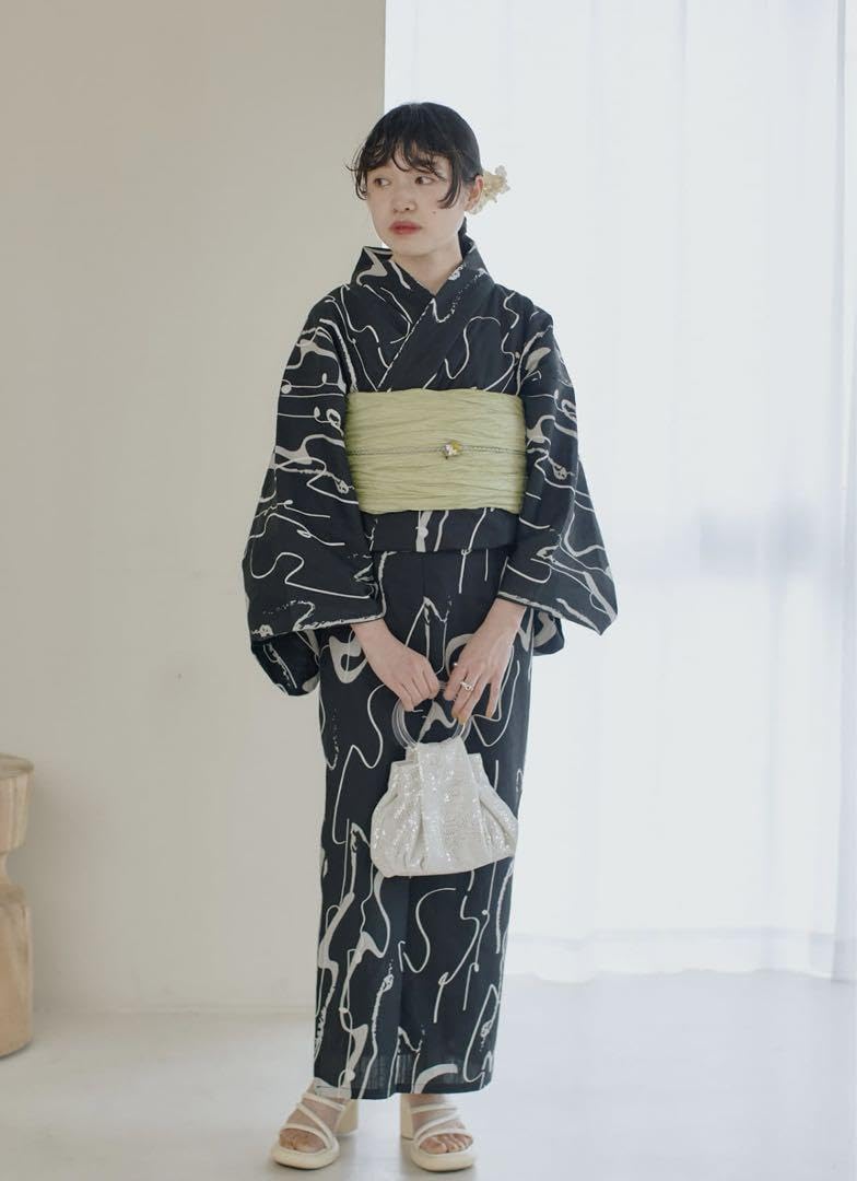 Kastane ヴィンテージアート滝流れ浴衣＆帯SET ブラック Kastane（カスタネ）の「【全4色】ヴィンテージアート滝流れ浴衣