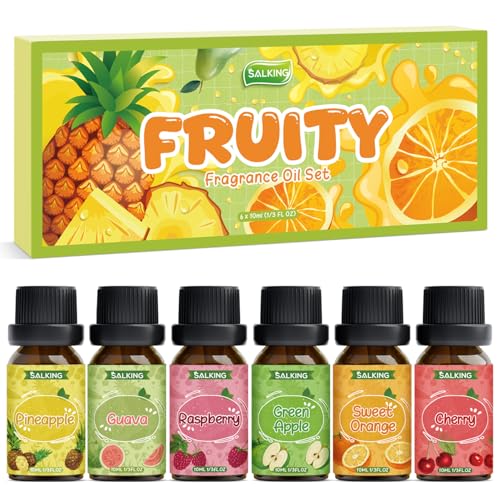 SALKING Früchte Ätherische Öle Set, 6x10mL 100% Aromatherapie Duftöl GeschenkSet für Diffuser, Luftbefeuchter, Massage, Kirsche, Ananas, Himbeere, süße Orange, grüner Apfel,Guave