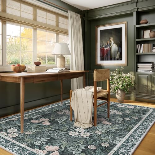 Image of Vintage Floral with Ornate Border Washable 5x7 Area Rug, Soft Low Pile Carpet for Living Room, Dining Room Under Table, Bedroom | Non-Slip, Stain Resistant & Durable