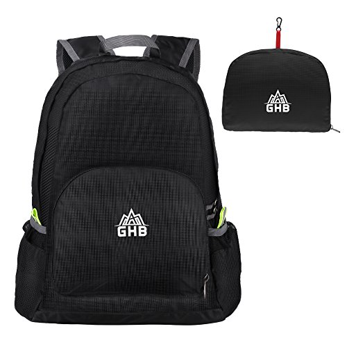 GHB Ultraleichter faltbarer Rucksack 25L Rucksack für Männer Frauen Kinder Outdoor Wandern Camping Reise Schwarz