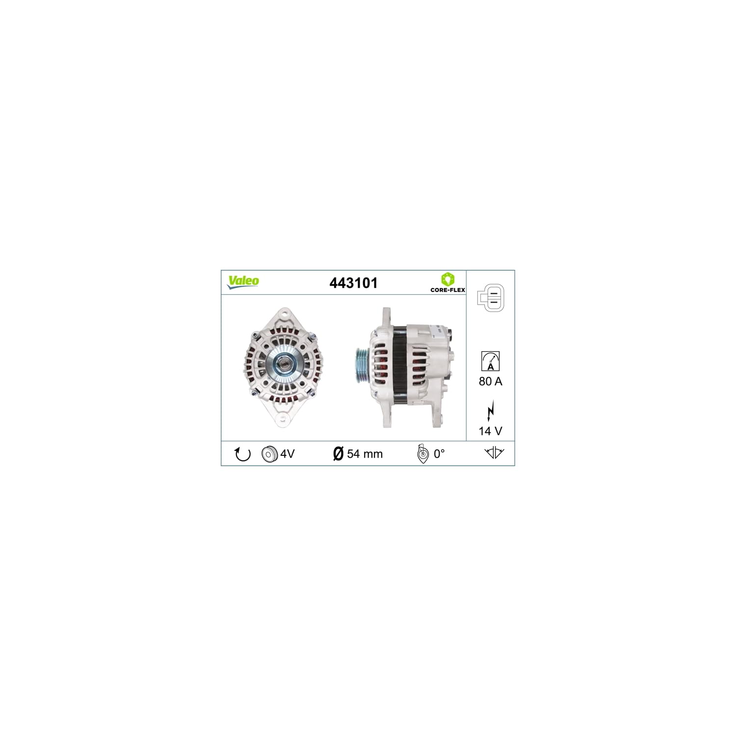 Valeo Alternator 443101-80 Amp - 4 Rowki - 14 V