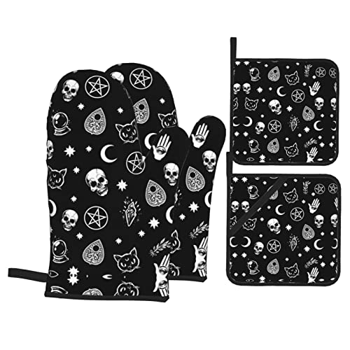 Halloween Goth Skull Oven Mitts And Pot Holders Heat Resistant Non-Slip Potholders Oven Gloves And Pad For Baking Cooking Kitchen Grilling Bbq Gifts Sets Of 4 #TOP5