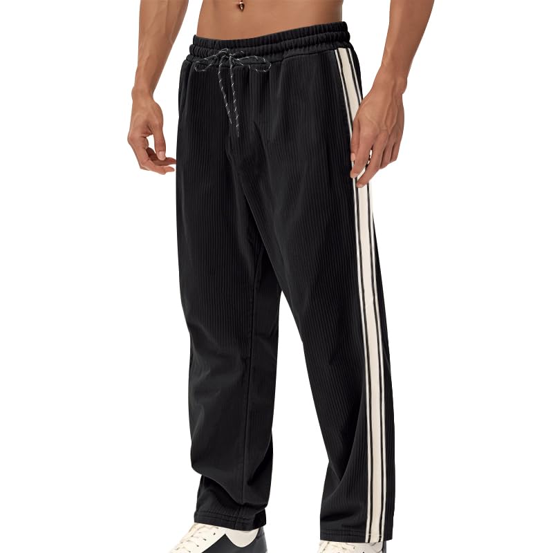 Corduroy Drawstring Pants Men Relaxed Fit Straight Leg Side Striped Casual Fall Sweatpants with Pockets Vintage