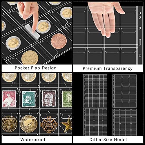 Homgaty 10 Sheets Coin Collection Supplies, Coin Pocket Page Coin Holders Stamp Binder Sheets Currency Collecting Album Book Sleeves (12, 20, 30 and 42 Pocket Pages) - Thumbnail 4