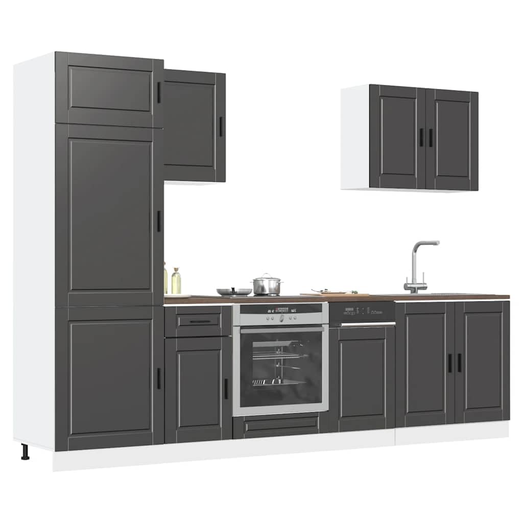 Set di 7 mobili da cucina Porto nero, cucina moderna in legno, blocco cucina con mobiletti inferiori, pensili e dispensa per riporre oggetti in cucina