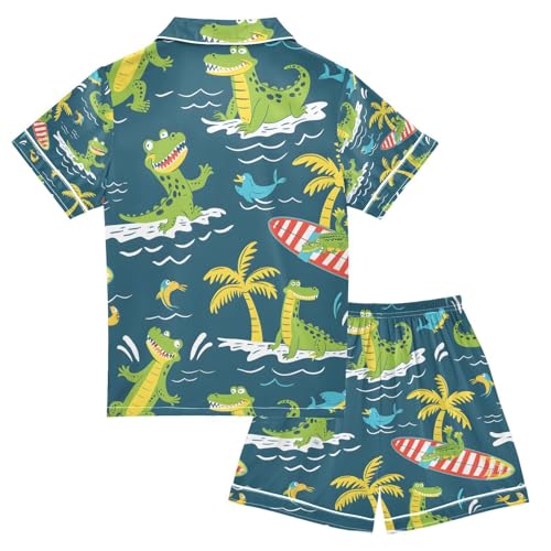 senya Crocodile Surfer Satin Summer Pajama Sets Silk Short Sleeve Button Down Sleepwear2