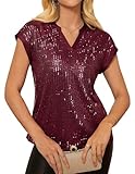 GRACE KARIN Womens Dressy Blouse Cap Sleeve V Neck Shirts Winter Trendy Sequin Party Tops 2025 Fashion Clothing Burgundy L