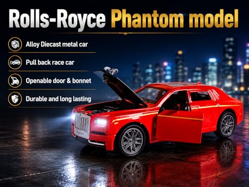 Image of Rolls-Royce Phantom Diecast Toy Car 1:36 Scale Alloy Metal Pull Back Car with Lights & Music | Openable Doors & Bonnet | Rubber Tires Luxury Model Car for Kids & Collectors (Random Color 1Pc)