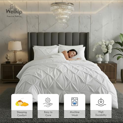 Image of Pinch Pleated Duvet Cover Set 1000TC 100% Cotton Premium 3-Pieces 1-Duvet Cover & 2-Pillow Cover Luxury Look Home and Hotel Zipper & 8-Tie Closure (White, Single 60 X 90 Inch)
