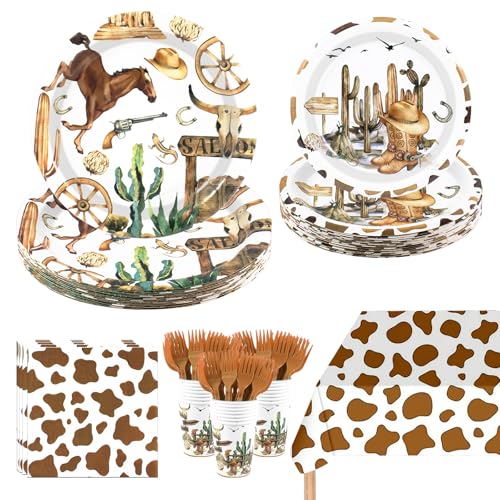151PCS Cowboy Party Decorations,Western Birthday Party Supplies Includes Paper Plates and Napkins Cups Forks Tablecloths,for Wild West Rodeo Birthday Baby Shower Decorations,Serve 30 Guests
