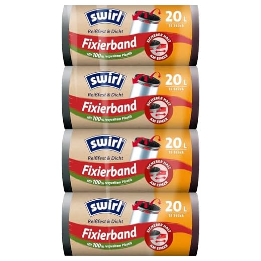 Swirl Reißfest & Dicht Fixierband Müllbeutel 20 l (4 x 15 Beutel), tropfsichere Müllsäcke für den Hausmüll, reißfeste Mülltüten für sicheren Halt am Mülleimer