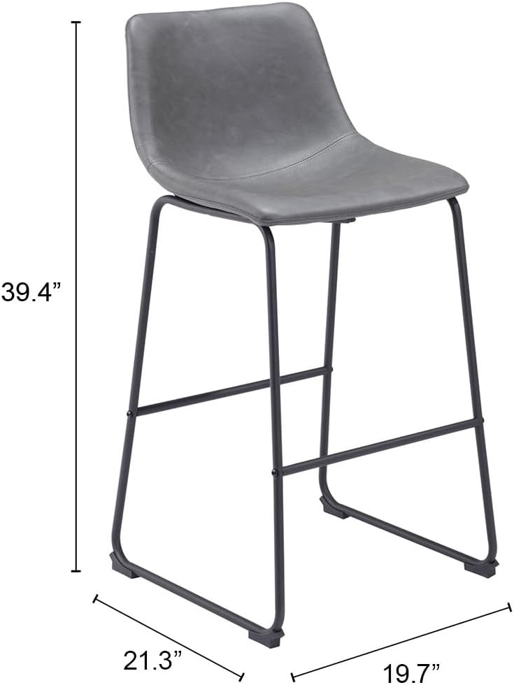 Zuo Smart Barstool (Set of 2) Charcoal, Gray Barstool, Transitional Style, Faux Leather, Plush and Durable Faux Leather Fabric, Plywood, Indoor Bar, 19.7" W x 21.3" D x 39.4" H