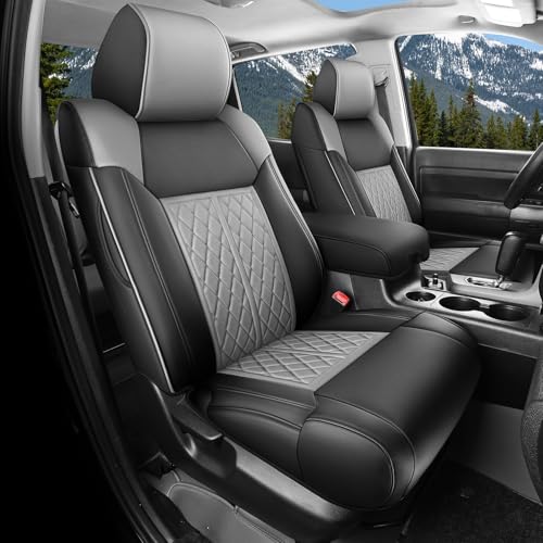 DuDuWang Seat Covers for Toyota Tundra 2014 2015 2016 2017 2018 2019 2020 2021 Custom Fit Full Set Waterproof & Durable Leather Seat Covers for Car - Black/Grey (Only for CrewMax Cab)