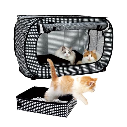 【RALUCIO】ポータブルケージ 猫ゲージ キャリーケージ トイレ付き 折り畳み可能 ポータブルトイレ 小型犬対応 軽量 携帯便利 防水 洗える 掃除簡単 車載 旅行・通院・防災・移動に最適 (白黒グリッド)