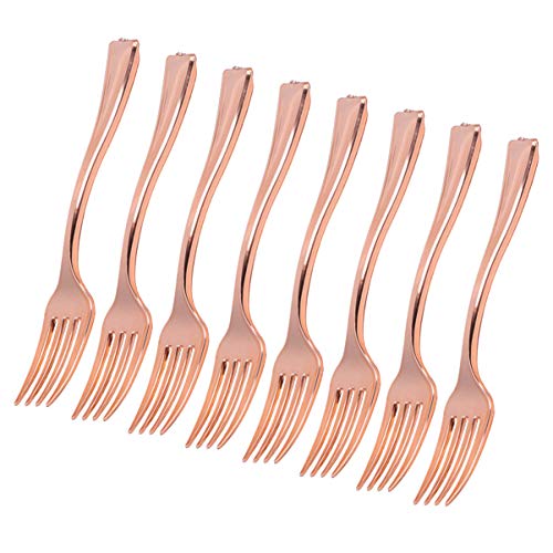 BESTonZON 24PCS Disposable Fruit Forks Long Handle Plastic Mini Fruit Dessert Pudding Flatware Forks for Restaurant Bar Home (Rose Gold)