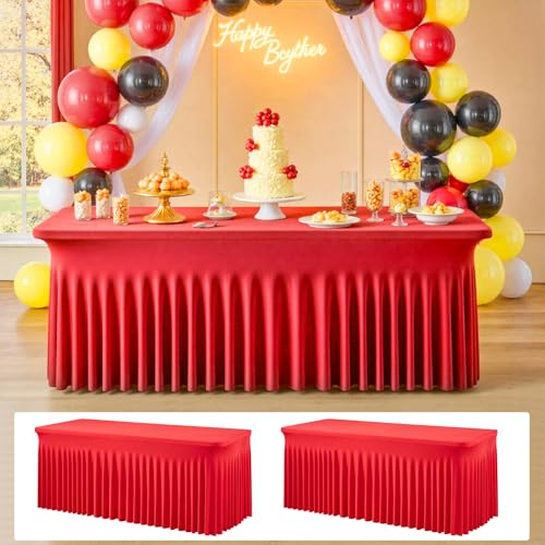 Image of 2 pk Red Spandex Tablecloth 6ft with Ruffle Skirt,Wrinkle Free High Stretchy Fitted Tablecloths for 6 Foot Rectangle Tables,Pleated Spandex Table Covers 6ft for Christmas Parties Banquet Weddings