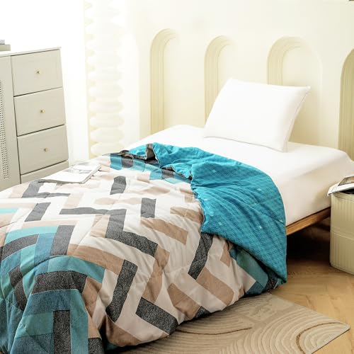 Image of Ac Comforter Single Bed Boho with Satin Finish 240 GSM - Reversible AC Comforter -Cyan Blue & White, Geometric Comforter Quilt Duvet Dohar Blanket for Summer 150 X 225 cm