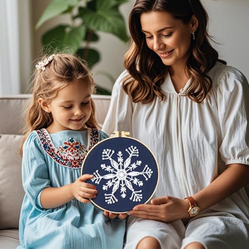 Image of Armindou Christmas Embroidery Starter Kits for Beginners Adults, Winter Snowflake Hand Embroidery Needlepoint DIY Kits, Christmas Stamped Cross Stitch Kits for Beginners Adults, 4 Set Embroidery Hoops