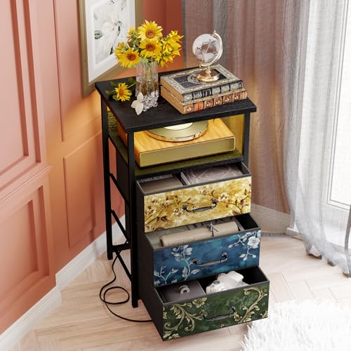 Image of Fixwal Night Stand with Charging Station, LED Nightstand with U-S-B Ports and Outlets, 3 Fabric Storage Drawers with PU Finish, Bedside Table, Vintage Flower