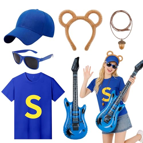 6Pcs Chipmunks Costume Set for Adults Chipmunk Fancy Dress Set with T-Shirt Baseball Cap Chipmunk Ears Headband Glasses Acorn Necklace Inflatable Guitar for World Book Day Halloween Cosplay Party