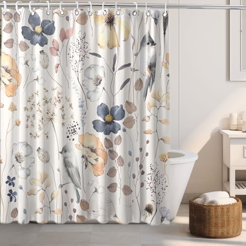 Image of Flower Floral Shower Curtain, Watercolor Wildflower with Botanical and Birds Fabric Shower Curtains Set, Boho Plants Shower Curtains with Hooks, Minimalist Bthroom Decor 72x72inch